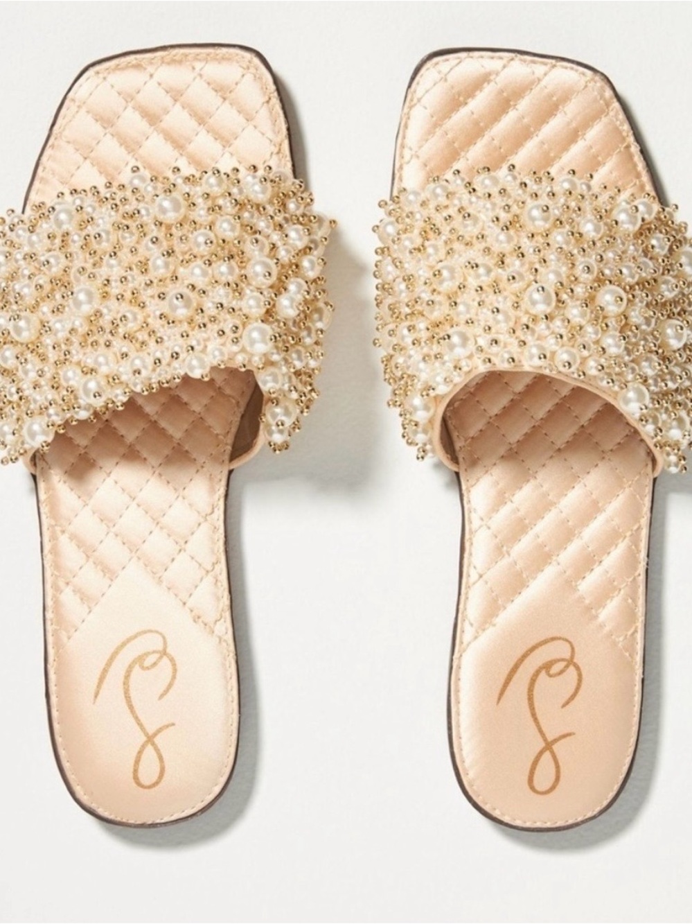 Sam Edelman Pearl & Gold Bead Embellished Slide Sandals - Champagne/Gold